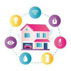 Wall Mural - building with car in garage. web icons. smart home has different functions. various systems for remo