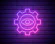© Skiffcha - Eye and gear neon icon. Simple thin line, outline vector of startup icons for ui and ux, website or mobile application isolated on brick wall.