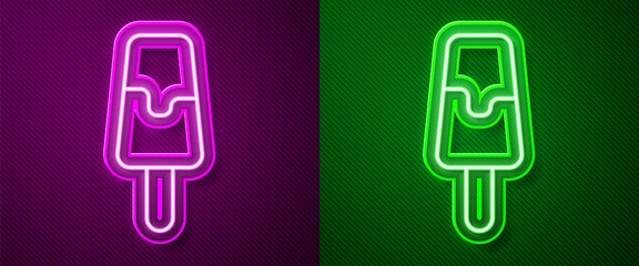 Poster - Glowing neon line Ice cream icon isolated on purple and green background. Sweet symbol. Vector