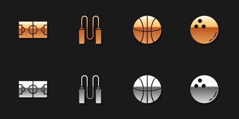 Sticker - Set Football or soccer field, Jump rope, Basketball and Bowling icon. Vector