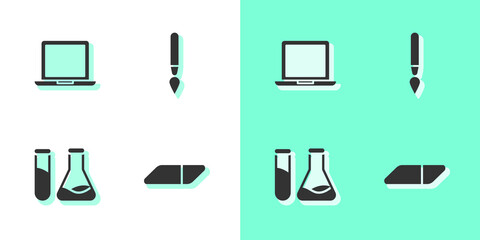 Sticker - Set Eraser or rubber, Laptop, Test tube and flask and Paint brush icon. Vector