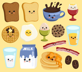 Set of cute breakfast vector set. Kawaii smiling happy face food icon illustration. Breakfast food and beverages, cute vector icons set. Cute cartoon characters.