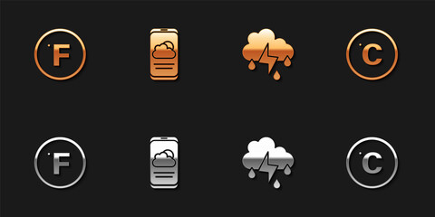 Sticker - Set Fahrenheit, Weather forecast, Cloud with rain and lightning and Celsius icon. Vector