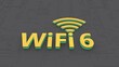 Golden WiFi 6 symbol with green light flashing on abstract background. 3D rendering.