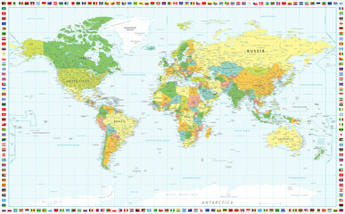  Color World Map - Vector Illustration. Map of the World and Flags