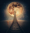 © psychoshadow - Surreal scene and a railway leading up to the moon. Imaginary night travel on a railroad transforming into a stairway going upwards to a door or portal in the satellite. Mystic space traveling concept