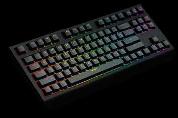 Black computer keyboard with rgb colors isolated on black background.