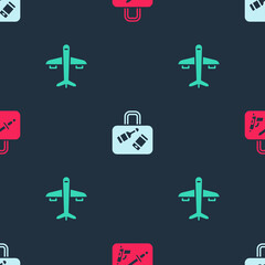 Sticker - Set Suitcase, and Plane on seamless pattern. Vector