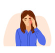 Woman suffering from migraine and headache, pressing hand to head. Tired, stressed, overworked woman. Hand-drawn vector character.