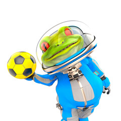 frog astronaut is holding a football ball in white background