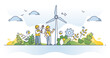Environmental engineering and work with alternative energy outline concept. Wind turbine maintenance and set up occupation as sustainable and green electricity development job vector illustration.
