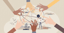 Community Support And Teamwork Unity In Complex Challenge Tiny Person Concept. Social Help And Partnership To Solve Common Problem Vector Illustration. Global Solidarity And Diversity Organization.