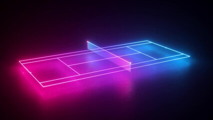 Wall Mural - neon tennis court scheme rotating, sportive playground virtual plan spinning, sport game perspective view, pink blue glowing line on black background. Looping animation, continuous sequence