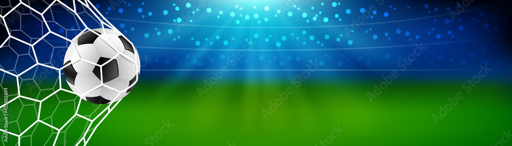 Soccer football in the goal net with stadium background. european or world championship. vector illustration banner - obrazy, fototapety, plakaty 