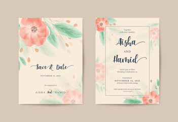 Wall Mural - Romantic brown wedding invitation set with beautiful watercolor floral