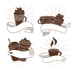 Wall Mural - Coffee cup with sunburst, ribbons cartoon icon set. Trendy doodle flat various cups to go, bursting sun rays old vintage hipster tape. Hot chocolate, linear tea. Different coffee cup vector collection