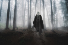 3D Rendering / Illustration Of A Scary Ghost Floating In A Foggy Forest.