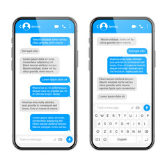 Realistic smartphone with messaging app. Blank SMS text frame. Messenger chat screen with blue message bubbles. Social media application. Vector illustration.