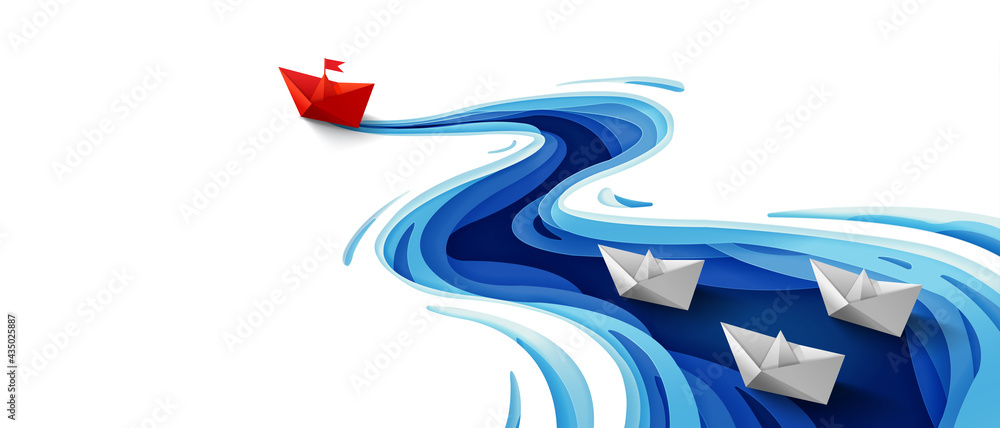 Success leadership concept, Origami red paper boat floating in front of white paper boats on winding blue river, Paper art design banner background - obrazy, fototapety, plakaty 
