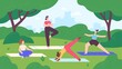 Yoga in city park. Group of women do exercise and meditation in nature landscape. Outdoor fitness lesson, healthy lifestyle vector concept