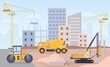 Construction site. Landscape of building process with crane, bulldozer, excavator and concrete mixer machine. City build flat vector concept