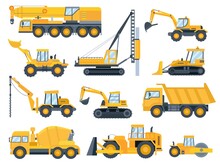 Construction Machines. Heavy Machinery For Build, Excavator, Bulldozer, Truck, Tractor And Crane Vehicle. Building Equipment Flat Vector Set
