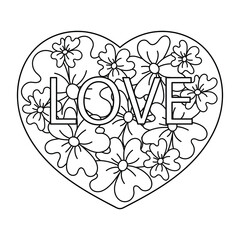 Cartoon hand-drawn Love pattern. Coloring book. Line art with hearts, flowers. Template of a greeting card. Vector illustration.