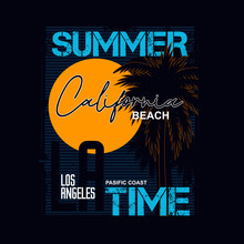 Vector Illustration On The Theme Of Summer Time And Surf In California. Vintage Design. Lines And Palm Background. , T-shirt Graphics, Print, Poster, Banner, Flyer, Postcard,etc.
