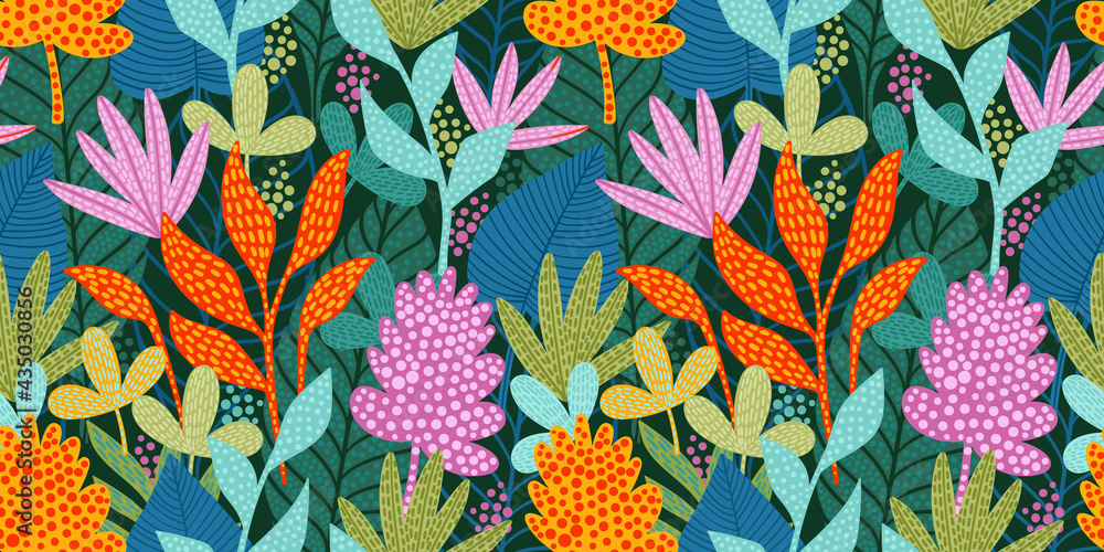 Bright funny seamless pattern with abstract leaves. Vector design - obrazy, fototapety, plakaty 