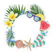 Watercolor round frame with colorful beach elements: palm leaves, plumeria flowers, water splashes, starfish, shell, fruit pieces, sunglasses, beach sneakers
