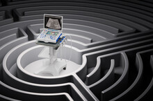 Portable medical ultrasound diagnostic machine, scanner inside labyrinth maze, 3D rendering