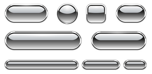 Fototapete - Grey shiny buttons set, glossy isolated icons with metallic chrome elements, vector illustration.