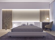 Modern interior design of spacious luxury bedroom with wood slat wall and accent lighting at night, 3d rendering, 3d illustration