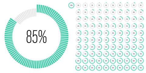 Set of circle percentage diagrams meters from 0 to 100 ready-to-use for web design, user interface UI or infographic - indicator with green