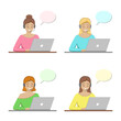 © bez_kofeina - Set of four call centre operators. Cheerful and pretty young women dispatchers with different clothes and hairstyles, with headphones, computers and speech bubbles. Flat design, vector illustration