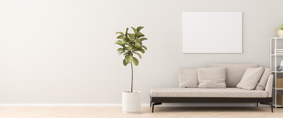 Wall Mural - Chaiselongue style sofa in an apartment with a figue tree, a shelf and a mockup artists canvas on the wall. 3d render. Web banner format