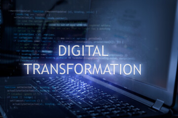 Wall Mural - digital transformation inscription against laptop and code background. technology concept. learn pro