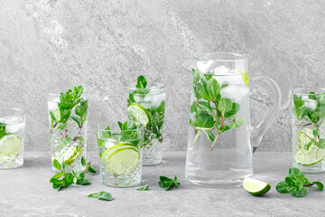 Wall Mural - Mint and lime refreshing mojito cocktail with ice, refreshment citrus drink.