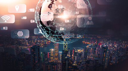 Wireless telecommunication networking connectivity technology concept, global world cityscape multimedia connected smart city industrial environment technology development, banner sunset background