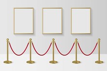 Golden Frames For Picture With Gold Stanchions Barrier. Mock Up Template For Famous Painting Vector Illustration. Realistic Scene With Fence And Wall Indoor On White Background