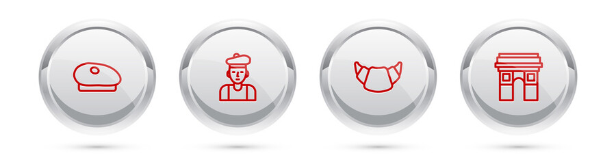 Sticker - Set line French beret, man, Croissant and Triumphal Arch. Silver circle button. Vector