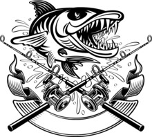 Crossed Fishing Rod And Reels, Barracuda And Banner
