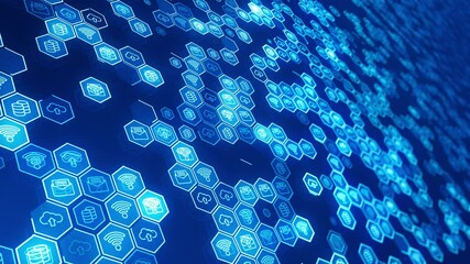 Motion graphic of Blue technology futuristic icon with hexagon shape abstract background concept 