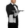 Elegant butler holding silver tray isolated on white, closeup
