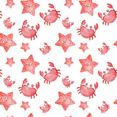 Watercolor seamless pattern wit cute and smiling red crabs and starfish. Hand-drawn illustration.