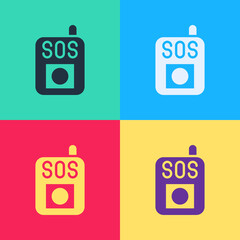 Sticker - Pop art Press the SOS button icon isolated on color background. Vector