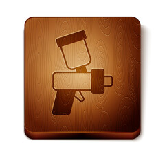 Poster - Brown Paint spray gun icon isolated on white background. Wooden square button. Vector