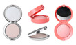 Containers with face powder and blusher on white background, banner design. Cosmetic products
