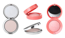 Containers With Face Powder And Blusher On White Background, Banner Design. Cosmetic Products