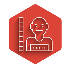 Sticker - White line Suspect criminal icon isolated with long shadow. The criminal in prison, suspected near the board. Red hexagon button. Vector